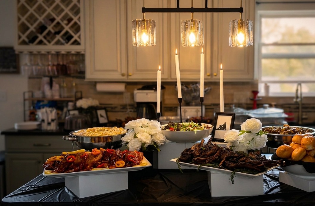 Boochie’s Kitchen catering spread with candles, florals, and platters of food